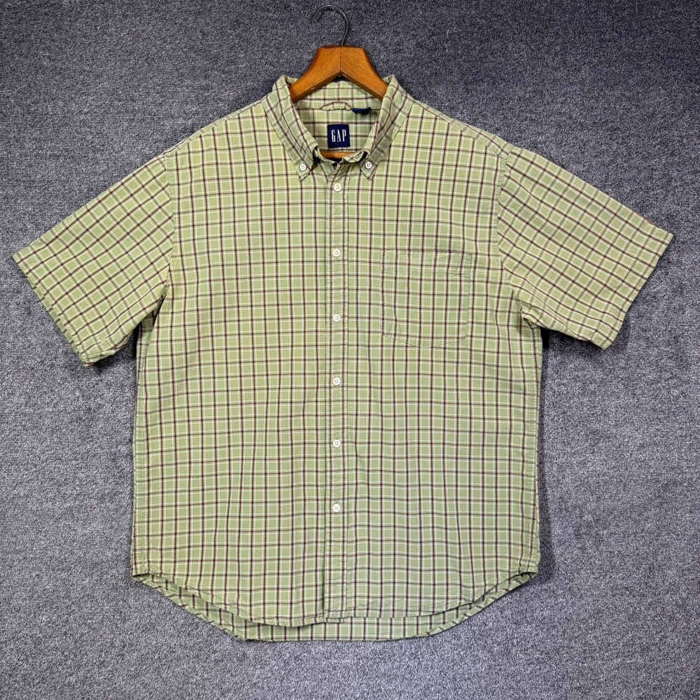 GAP Shirt Mens L Green‎ Burgundy Plaid Short Sleeve Button Down Cotton